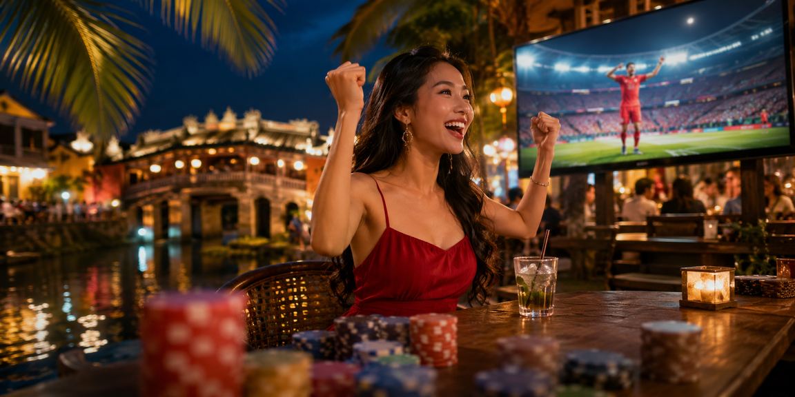 Khung cảnh phố cổ Hội An với người dùng theo dõi kèo bóng đá bên ly cà phê Việt Nam