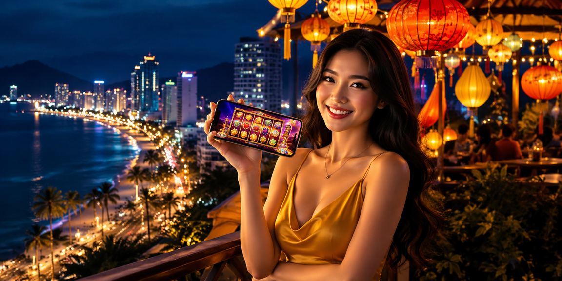 Người chơi tại Hội An thưởng thức slot game về đêm dưới ánh đèn lồng truyền thống