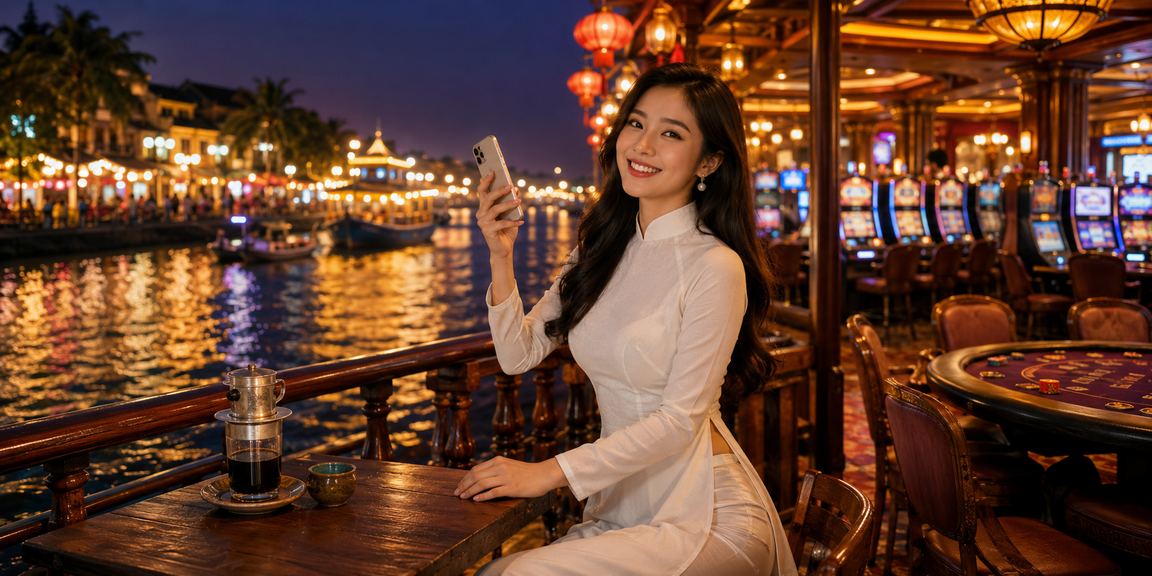 Phụ nữ Việt Nam mặc áo dài tại vùng Mekong truy cập casino trực tuyến trên smartphone